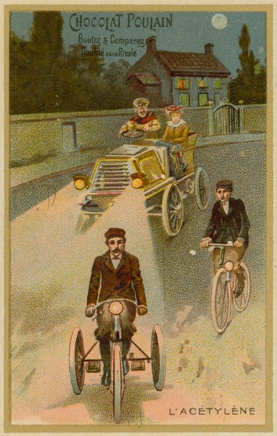 Faróis de acetileno em um carro de motor e uma motocicleta de French School