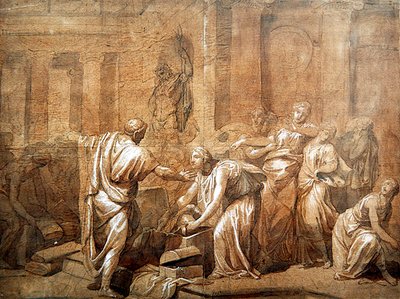 Couraça de Aquiles descoberta pelas filhas, c.1790 (caneta e tinta com lavagem sépia sobre papel) de French School