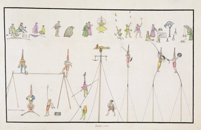 Acrobatas, malabaristas, imitadores, animadores do The Gentil Album, publicado em 1774 de French School