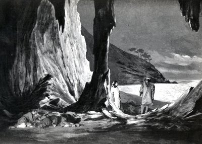 Ato II, Cena 3 de Pelleas et Melisande de Debussy, de uma fotografia da primeira produção em abril de 1902 da ópera na Ópera-Comique em Paris, ilustração na revista Theater, junho de 1902 (l de French School
