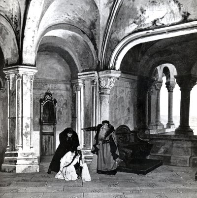 Ato IV, Cena 2 de Pelleas et Melisande de Debussy, de uma fotografia da primeira produção em abril de 1902 da ópera na Ópera-Comique em Paris, ilustração na revista Theater, junho de 1902 (l de French School