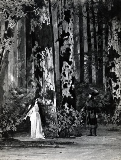 Ato I, Cena 1 de Pelleas et Melisande de Debussy, de uma fotografia da primeira produção em abril de 1902 da ópera na Ópera-Comique em Paris, ilustração na revista Theater, junho de 1902 (li de French School