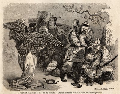 Actores e bailarinos da corte do Mikado em traje de cena. Gravura para ilustrar a viagem ao Japão em 1863-1864, por Aime Humbert, ministro da Confederação Suíça, em "Le tour du monde, nouveau journal des voyages", publicado sob a direção de Ed de French School