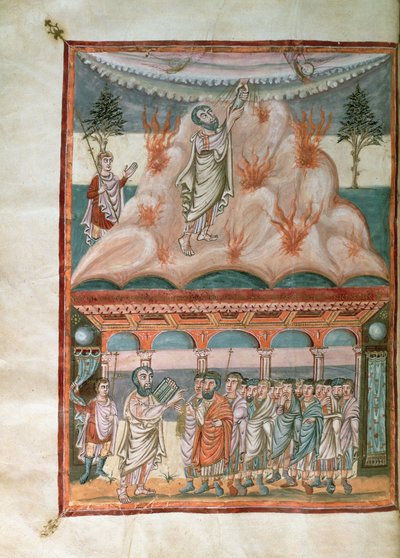 Adicionar 10546 f.25b Moisés recebendo e transmitindo a Lei de Deus no Monte Sinai, da Bíblia Moutier-Grandval, iluminada na Abadia Carolíngia de São Martinho, Tours, c.834-843 (vellum) de French School