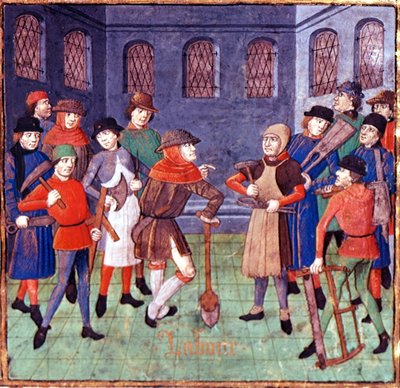 Adicionar 18750 fol.3 Trabalhadores com ferramentas, detalhe do prólogo dedicatório ao Duc de Berry em 