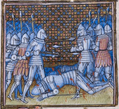 Acrescentar. 38659 fol.170 Morte de Sir John Chandos. Uma batalha medieval, iluminação de 