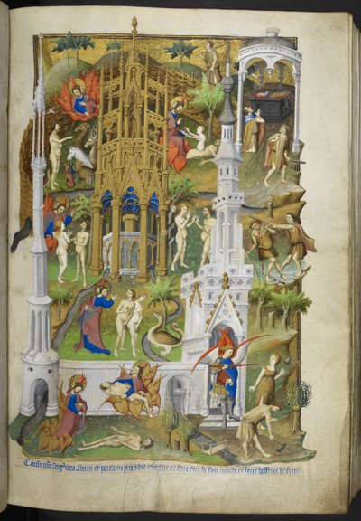 Adicionar Ms 18850 f.14r Cenas da Criação e Queda, Adão e Eva, e seus filhos, Caim e Abel, do Livro de Horas (The Bedford Hours) c.1410-30 (tinta, cor e ouro em velino) de French School