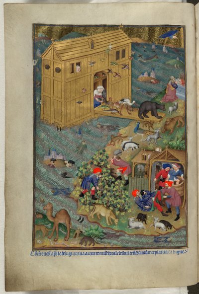 Adicionar Ms 18850 f.16v, The exit from the Ark, from Book of Hours (The Bedford Hours) c.1410-30 (tinta, cor & ouro sobre velino) de French School