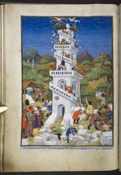 Acrescentar Ms 18850 f.17v Edifício da Torre de Babel, do Livro de Horas (The Bedford Hours) c.1410-30 (tinta, cor & ouro sobre velino) de French School