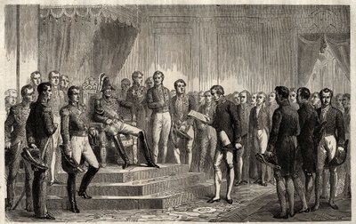 Discurso do 221 - O estadista liberal Roy- Collard apresenta o discurso do 221 - Pierre Paul Royer-Collard lendo ao rei francês Charles X o discurso do 221 para protestar contra o Acórdão em 1830 - Pierre Paul Royer Collard (1763-1845) (Royer-Collard) pré de French School