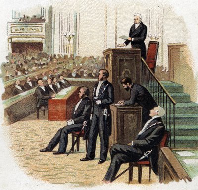 Adolphe Thiers (1797-1877), Presidente da República no pódio da Assembleia Nacional em 1872 - Cromolitografia (Chromo) do início do século XX. de French School