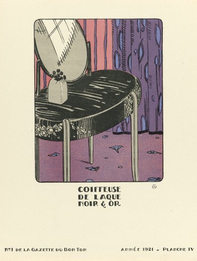 Anúncio de "Coiffeuse de Laque Noir  Or", pub.1921 (impressão a stencil) de French School