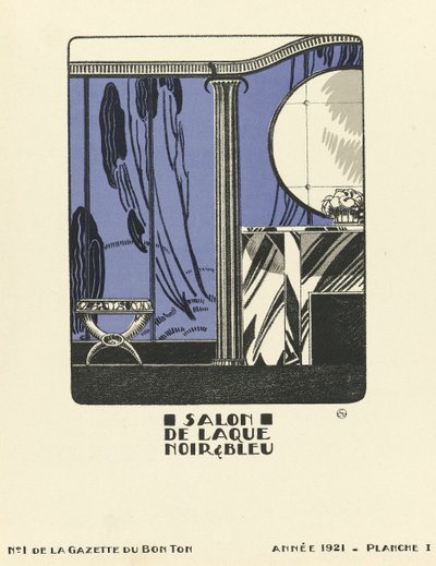 Anúncio do "Salon de Laque Noir  Bleue", pub.1921 (impressão a stencil) de French School