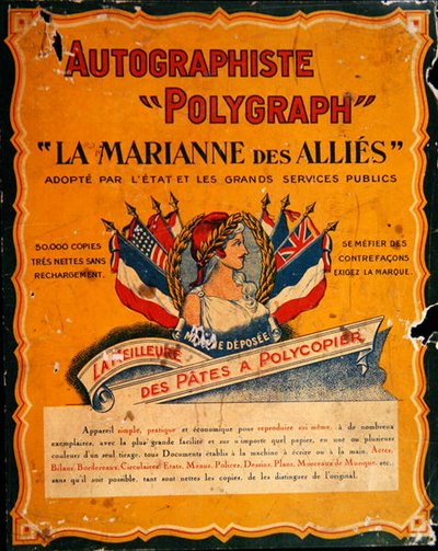Anúncio para uma copiadora na época da Primeira Guerra Mundial (cor litho) de French School