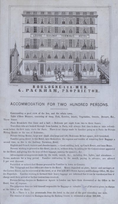 Anúncio para o Hotel Louvre Railway Terminus, Boulogne-sur-Mer, França (litho) de French School