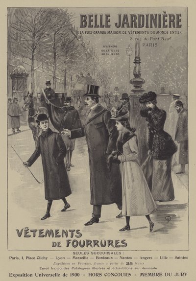 Anúncios para vestuário de pele de Belle Jardiniere, Paris (litho) de French School