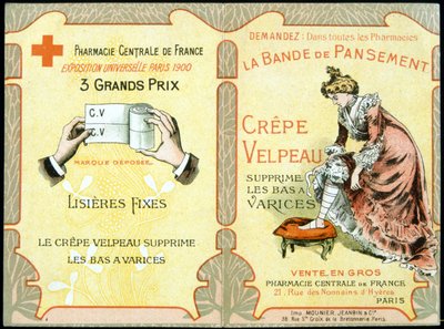 Cartão publicitário do "The Velpeau Crepe Dressing Band remove meias varicosas". Sd. Século XIX. de French School