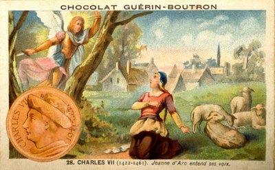 Publicidade cromolitografia de chocolates Guerin Boutron, rei Carlos VII de 1422 a 1461. Joana d&39;Arc ouve vozes (cromolitografia) de French School