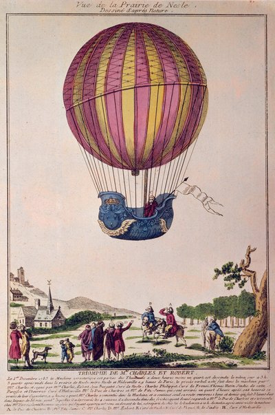 Aeróstato: a segunda tentativa de voar num balão. Charles e Robert descem na pradaria de Nesle, perto de Paris, após uma viagem num balão de gás hidrogénio em 01/12/1783. Gravura do século XVIII. de French School