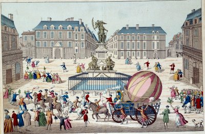 Aeróstato: a segunda tentativa de voar num balão. Todo o globo aerostático de Charles e Robert em Paris, após uma viagem num balão de gás hidrogénio, em 02/12/1783. Gravura anónima do século XVIII. Paris, artes decorativas de French School