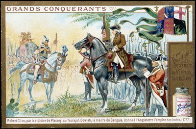 Após a vitória de Plassey sobre Surajah Dowlah (Suraj Ud-daula ou Ud Daula Ud Daulah ou Ud-Daulah), o mestre de Bengala deu à Inglaterra o Império da Índia em 1757. A cromolitografia do século XIX. de French School
