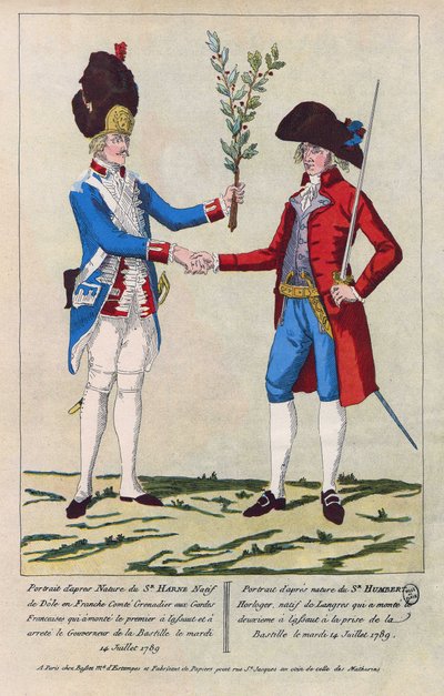 Retrato de época de Sieur Harne, granadeiro, e Sieur Humbert, relojoeiro. Foram os primeiros homens a ser atacados durante a tomada da Bastilha, em 14 de julho de 1789. Gravura de 1790. de French School