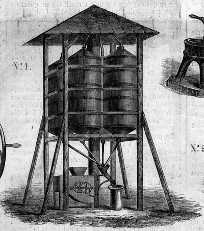 Máquina agrícola: um sótão conservador para trigo apresentado na Exposição Agrícola de 1860 em Paris. Gravura no "Le Monde Illustré" n°168 de 30 de junho de French School