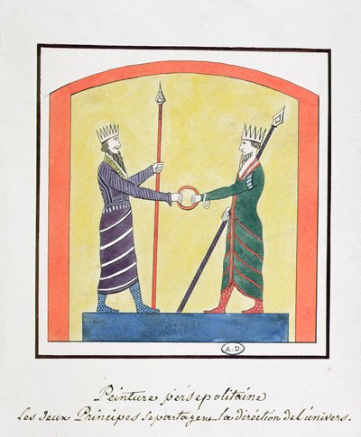 Ahura Mazda e Angra Mainyu disputam o mundo, cópia de um friso de Persepolis de French School
