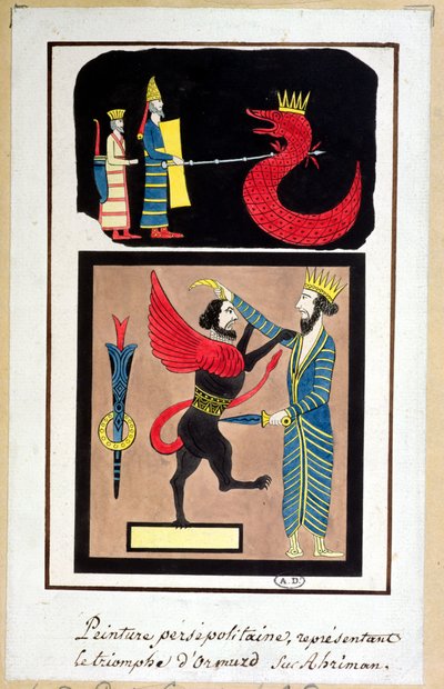 Ahura Mazda triunfando sobre Angra Mainyu, cópia de um friso de Persepolis de French School