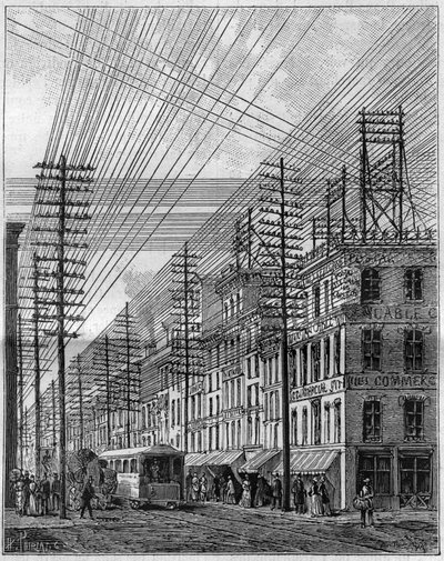 Fios elétricos aéreos, na Filadélfia (Estados Unidos), esquina da rua Chesnut com a terceira rua. Gravura em "La Nature. Revue des sciences et de ses applications aux arts et a l