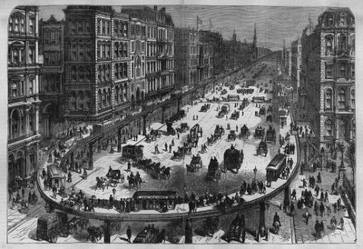 Linhas aéreas ferroviárias em uma cidade dos Estados Unidos. Gravura de 1880 em "La republique illustree" coleção privada. de French School