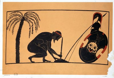 Ajax se prepara para cometer suicídio, ilustração de um vaso grego antigo (cor litho) de French School