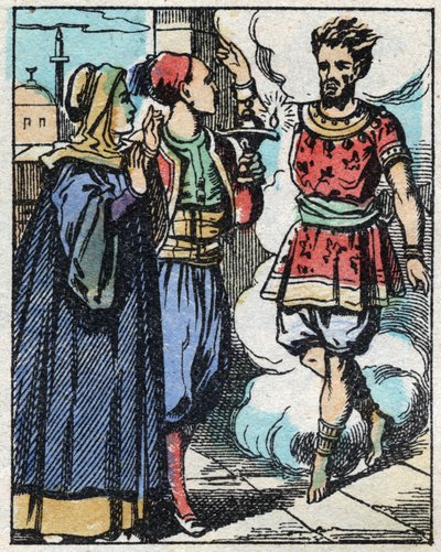 Aladin e a mãe dele esfregaram a lâmpada mágica e fizeram o génio aparecer. Gravação do conto das Mil e Uma Noites "Aladin e a Lâmpada Maravilhosa". Imagem epinal, finais do século XIX. Coleção particular. de French School
