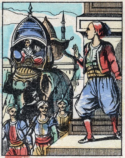 O Aladin apaixona-se pela filha do sultão. Gravação do conto das Mil e Uma Noites "Aladino e a Lâmpada Maravilhosa". Imagem epinal, finais do século XIX. Coleção particular. de French School