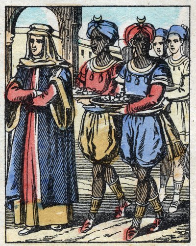 Aladin enviou novamente a sua mãe escoltada por escravos com presentes para propor à filha do Sultão. Gravação do conto das Mil e Uma Noites "Aladino e a Lâmpada Maravilhosa". Imagem epinal, final do século XIX. Coleção particular. de French School