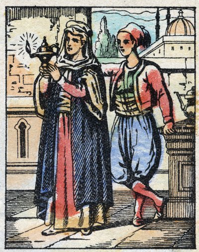 O Aladin usa a lâmpada mágica para a sua mãe. Gravação do conto das Mil e Uma Noites "Aladin e a Lâmpada Maravilhosa". Imagem epinal, finais do século XIX. Coleção particular. de French School