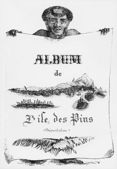 Álbum da Ilha dos Pinheiros, Nova Caledônia, deportação, ilustração da capa, 1877 (bw litho) de French School
