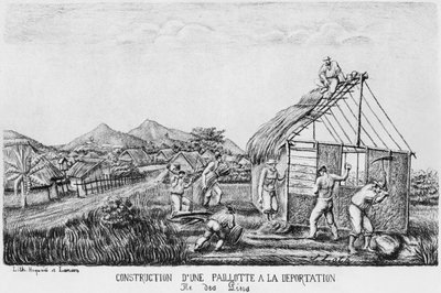 Álbum da Ilha dos Pinheiros, construção de uma cabana de palha pelos deportados, 1878-79 de French School