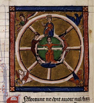 Alexandre III O Grande (356-323 AC) sentado na roda da Fortuna rodeia o Tetramorfo. Miniatura do manuscrito "Histoire ancienne à la Cesar", cerca de 1260-1270 escrito por um escrivão ao serviço da corte de Roger IV, Chatelain de Lille (120 de French School