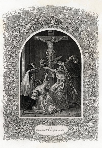 Alexandre VII (Alexandre ou Alessandro) (Papa 1655 a 1667) aos pés de Cristo. Gravura para ilustrar a Histoire des popes de Maurice Lachatre (1814-1900), librairie du progres, Paris. de French School