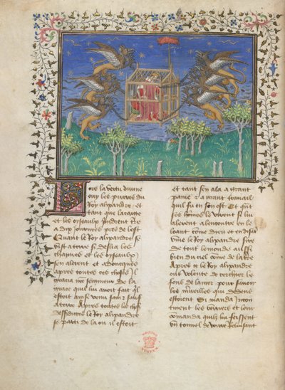 Máquina voadora movida a grifo de Alexandre, c.1420-25 (cor sobre pergaminho) de French School