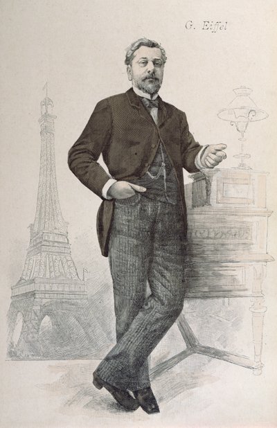 Alexandre Gustave Eiffel posando em sua mesa com um desenho da Tour Eiffel, ilustração de La Revue Illustree, 1888 de French School