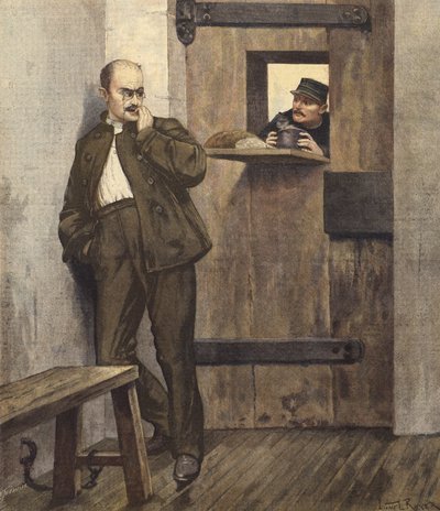 Alfred Dreyfus em sua cela de prisão de French School