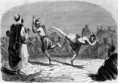 Costume argelino: Dança árabe. Desenho do Sr. Rigo, baseado num esboço do Sr. Ameler, líder do batalhão. Gravura em "Le Monde Illustré" n°86 de 11 de Dezembro de 1858. de French School