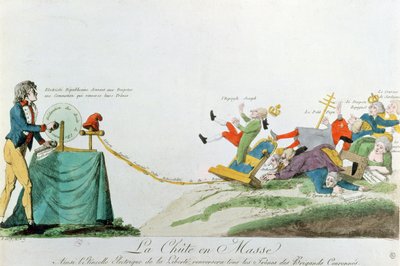 Todos caem, a eletricidade gerada pela Declaração dos Direitos do Homem durante a Revolução Francesa derruba os tronos e monarcas da Europa, c.1793 de French School