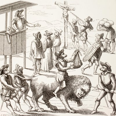 Quadro alegórico dos excessos que teriam sido cometidos pelos huguenotes, de "A vida militar e religiosa na Idade Média", de Paul Lacroix, publicado em Londres, c.1880 de French School