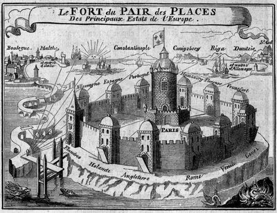 Alegoria das relações entre as principais cidades comerciais do mundo: Paris é uma fortaleza protegida por muralhas, cada uma das quais representa um país ou capital da Europa. Trecho do "Livre des monnoyes etrangeres ou le grand banker de France" (1687) d de French School