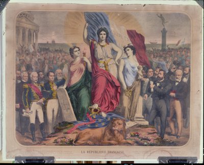 Alegoria da República Francesa representando Adolphe Thiers (1797-1877), Leon Gambetta (1838-1882) e Victor Hugo (1802-1885) de French School