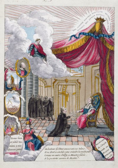 Alegoria do Relatório dado a Luís XVI (1754-93) por Jacques Necker (1732-1804) em 1781 (gravura a cores) de French School