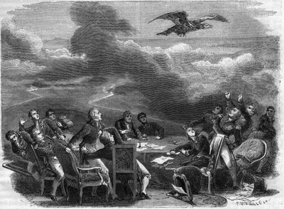 Alegoria do fim do Congresso de Viena em 1815 - extraordinária agitação de diplomatas aprendendo o desembarque de Napoleão - em "História do império seguindo a história do consulado" por Adolphe Thiers - 1879 - coleção privada de French School